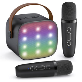 YLL mini karaoke machine front view with vibrant LED lights for family fun.