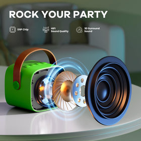 YLL mini karaoke green LED lights sync with music for colorful performances.