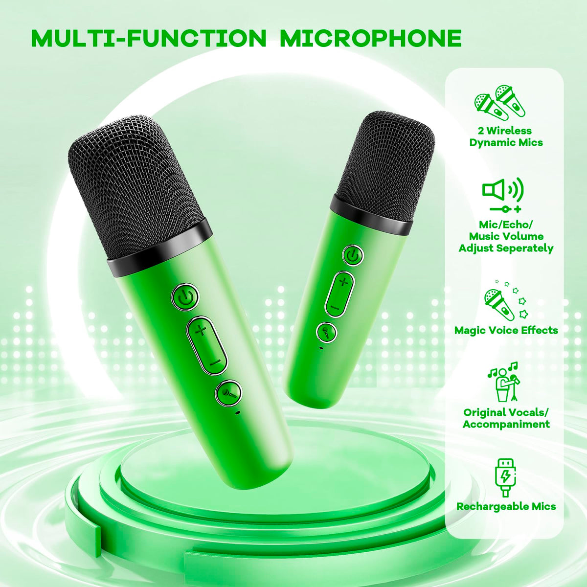 YLL mini karaoke green includes two mics and four voice effects for playful edits.