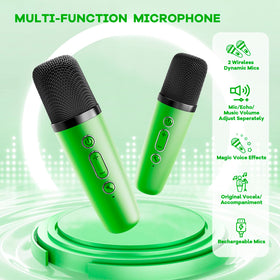 YLL mini karaoke green includes two mics and four voice effects for playful edits.