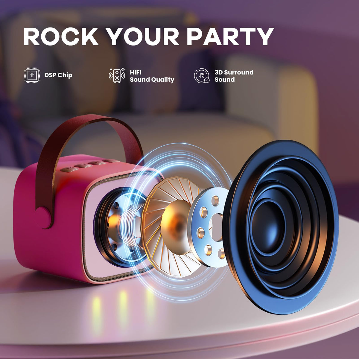 YLL Mini Karaoke Hotpink LED lights sync with music for party vibes
