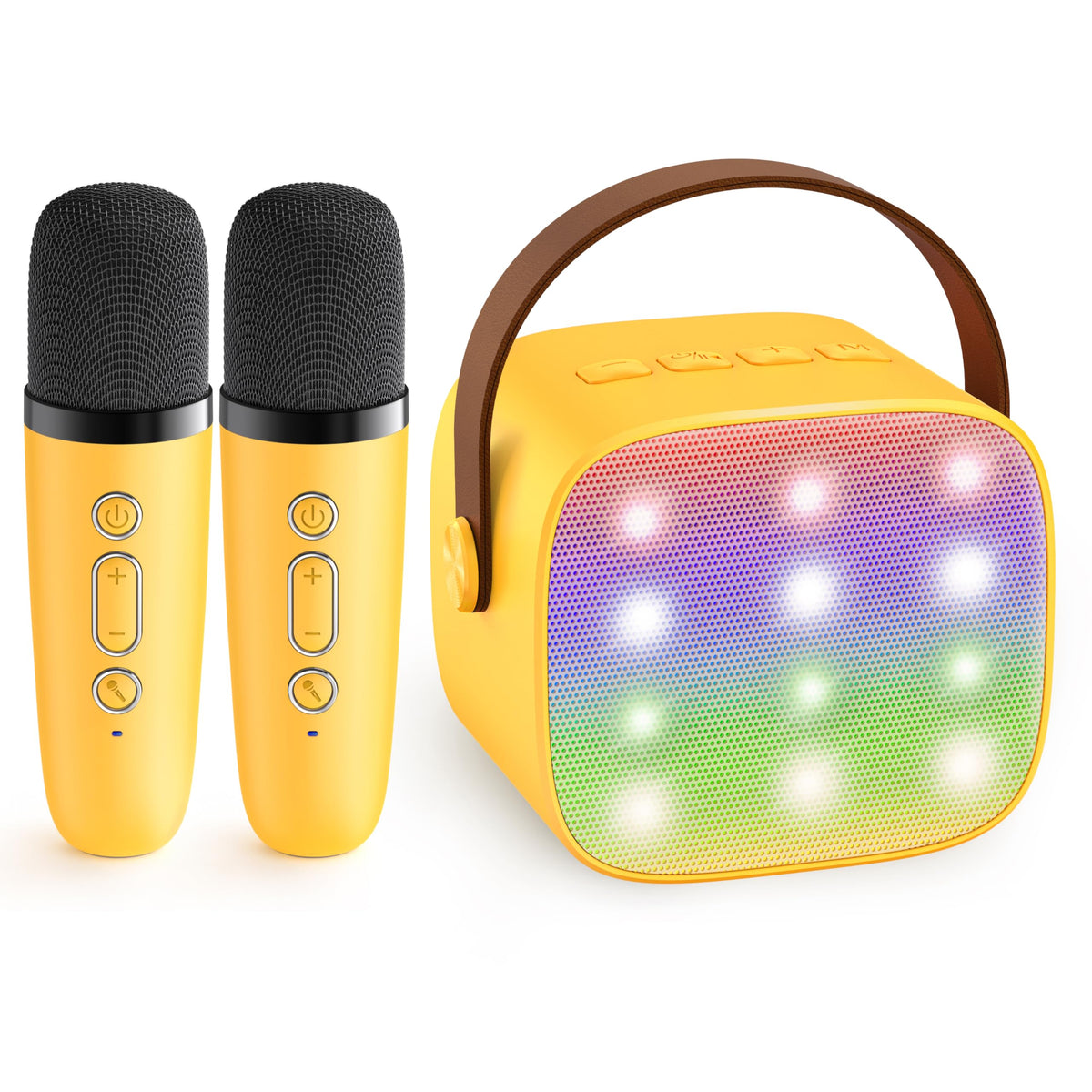 YLL mini karaoke machine with dual wireless mics, ideal for family sing-alongs.