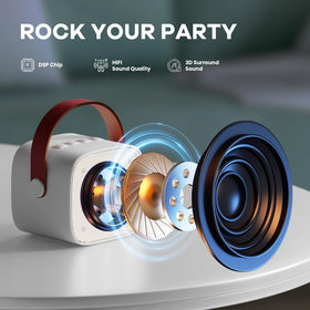 YLL mini karaoke machine with LED rhythm lights syncing to music
