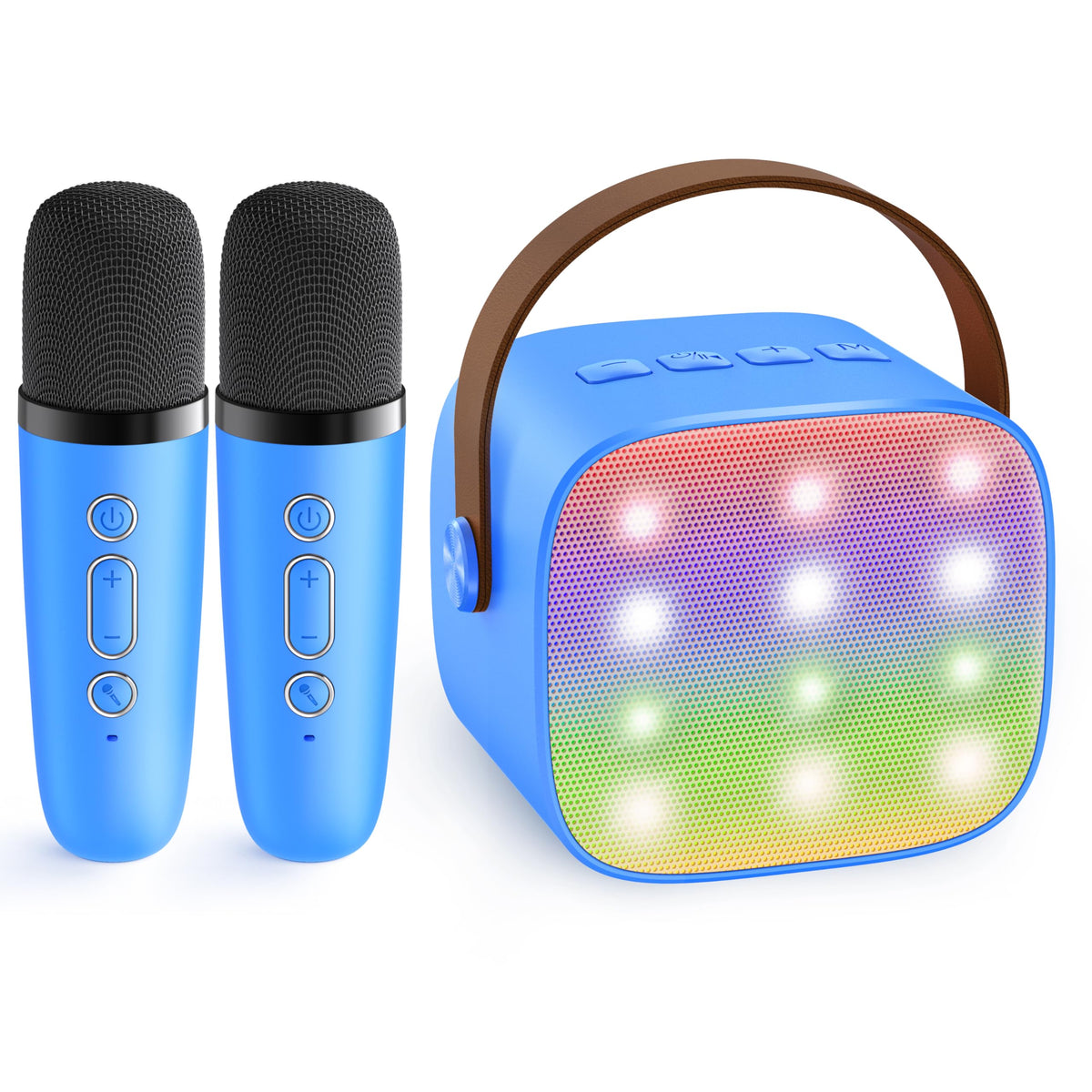 YLL mini karaoke machine in royal blue, front view, ready for home singing fun.