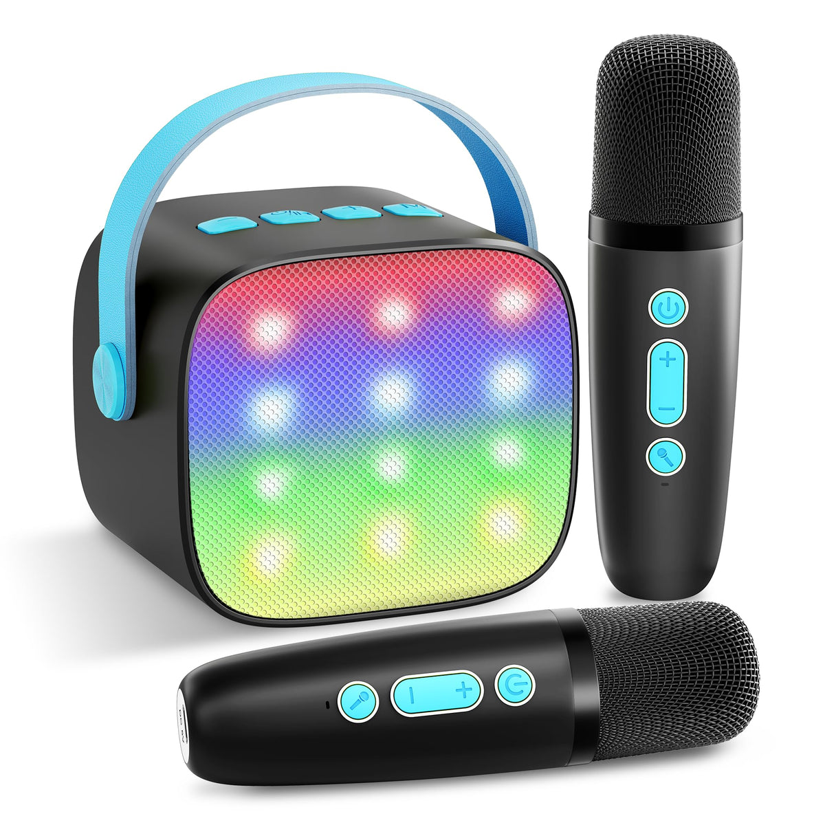 YLL Mini Karaoke Machine with two wireless microphones, front view for family sing-alongs