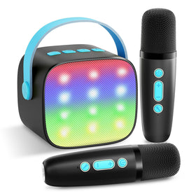 YLL Mini Karaoke Machine with two wireless microphones, front view for family sing-alongs
