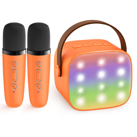 YLL mini karaoke orange front view showing compact home-friendly design and two mics