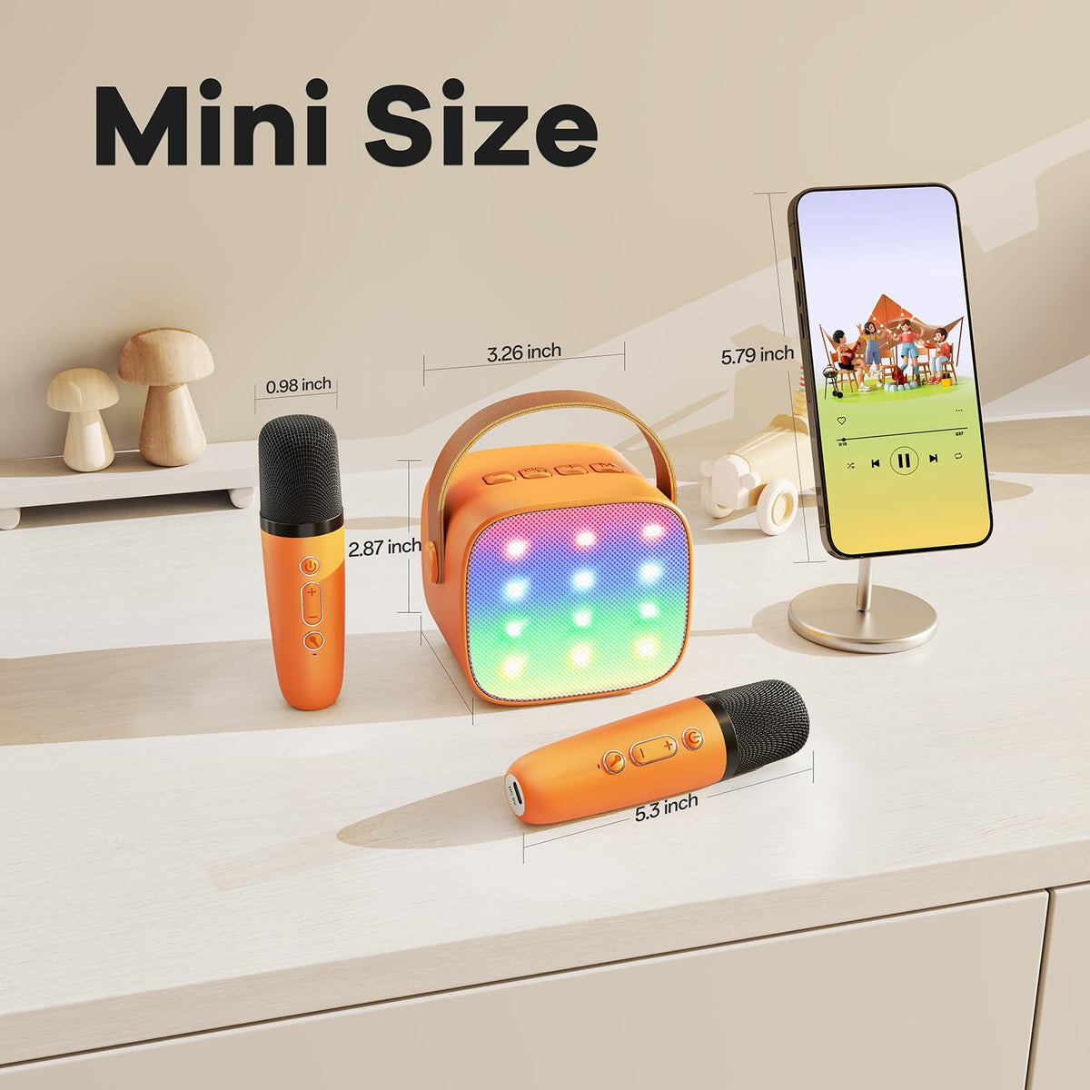 YLL mini karaoke orange in-use with kids enjoying a playful performance