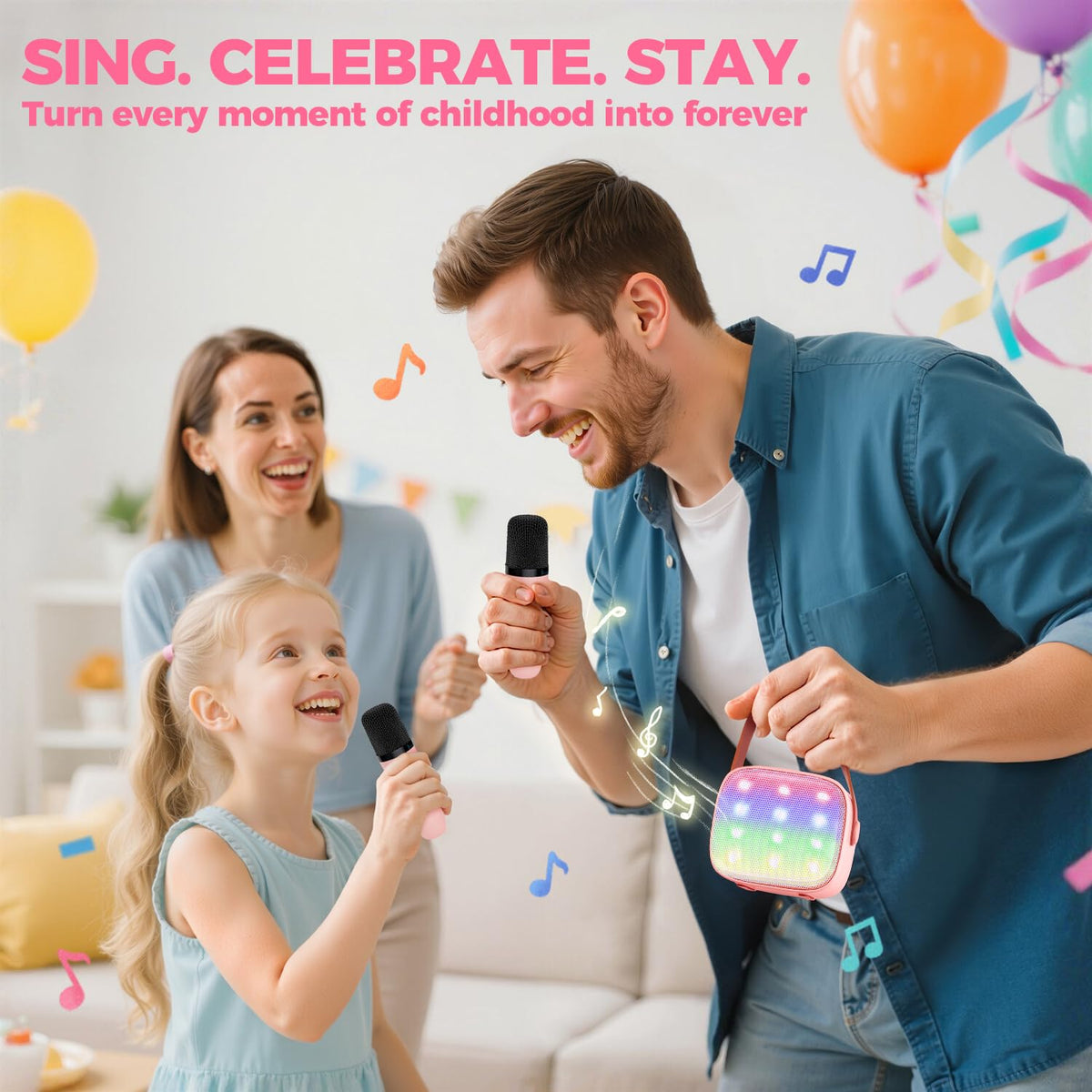 Versatile voice effects add playful transformations during singing.