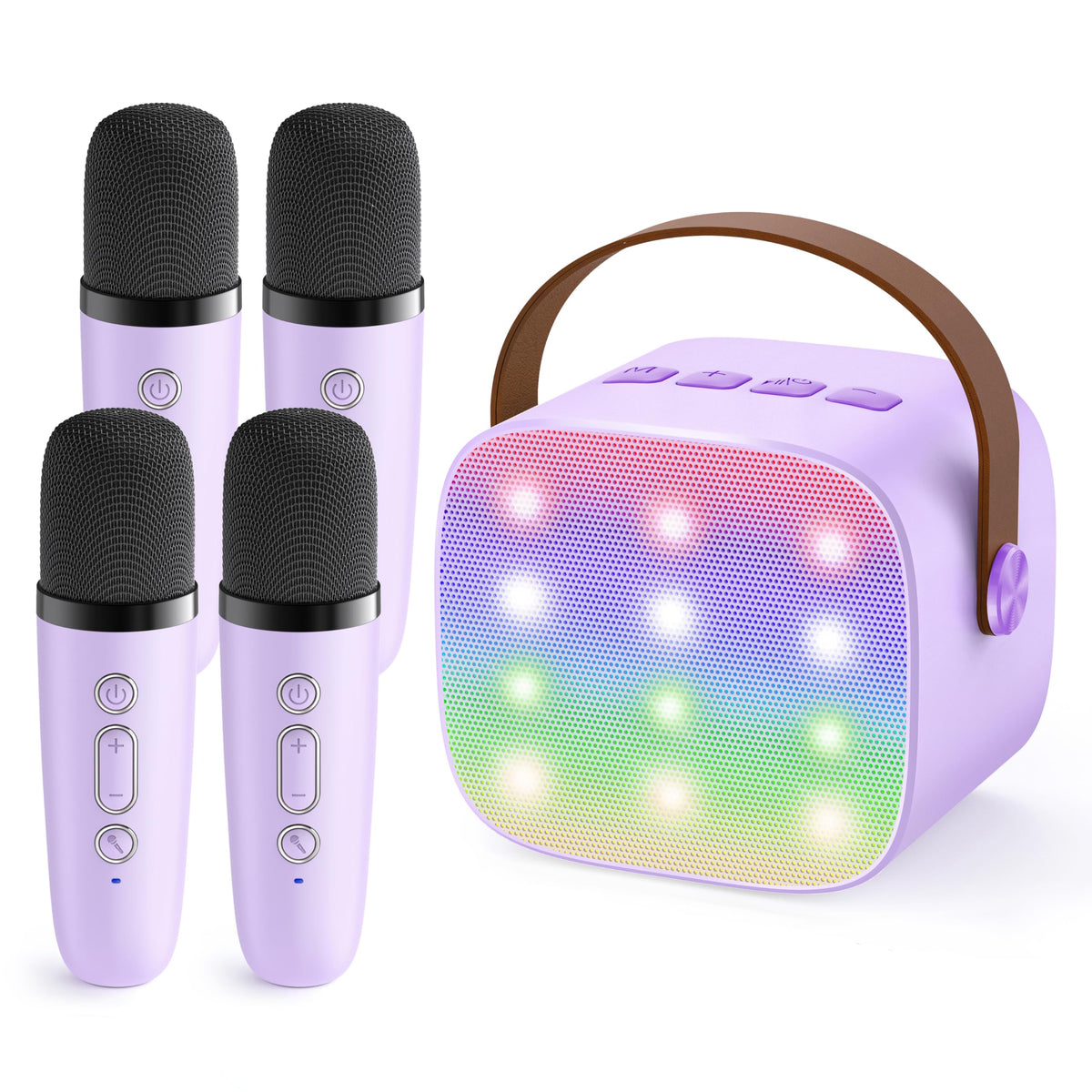 YLL upgraded mini karaoke machine with four mics in purple, ideal for family sing-alongs.