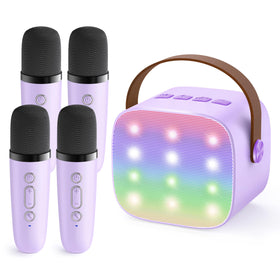YLL upgraded mini karaoke machine with four mics in purple, ideal for family sing-alongs.