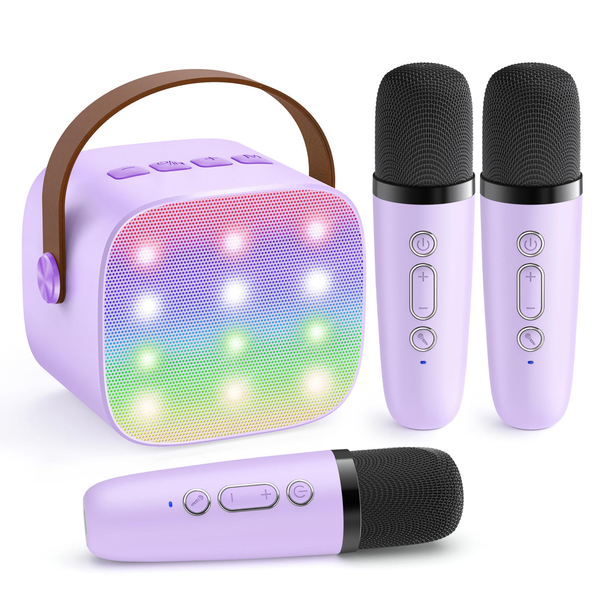 YLL upgraded mini karaoke machine front view in purple for kids' playtime