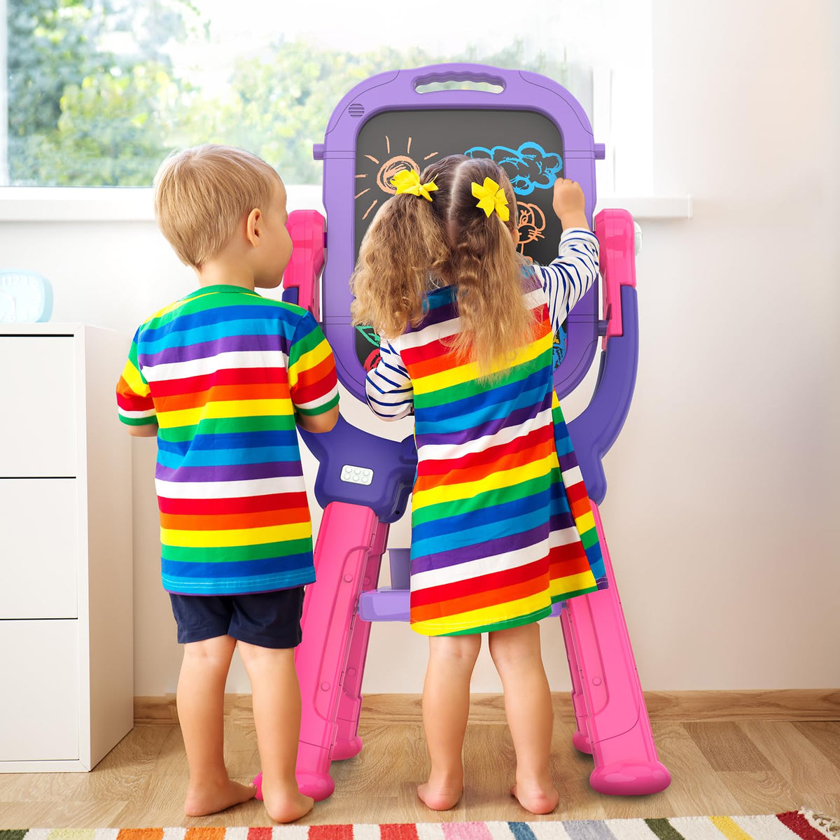 Ylovetoys easel double-sided board with magnetic chalkboard and whiteboard for chalk and markers.