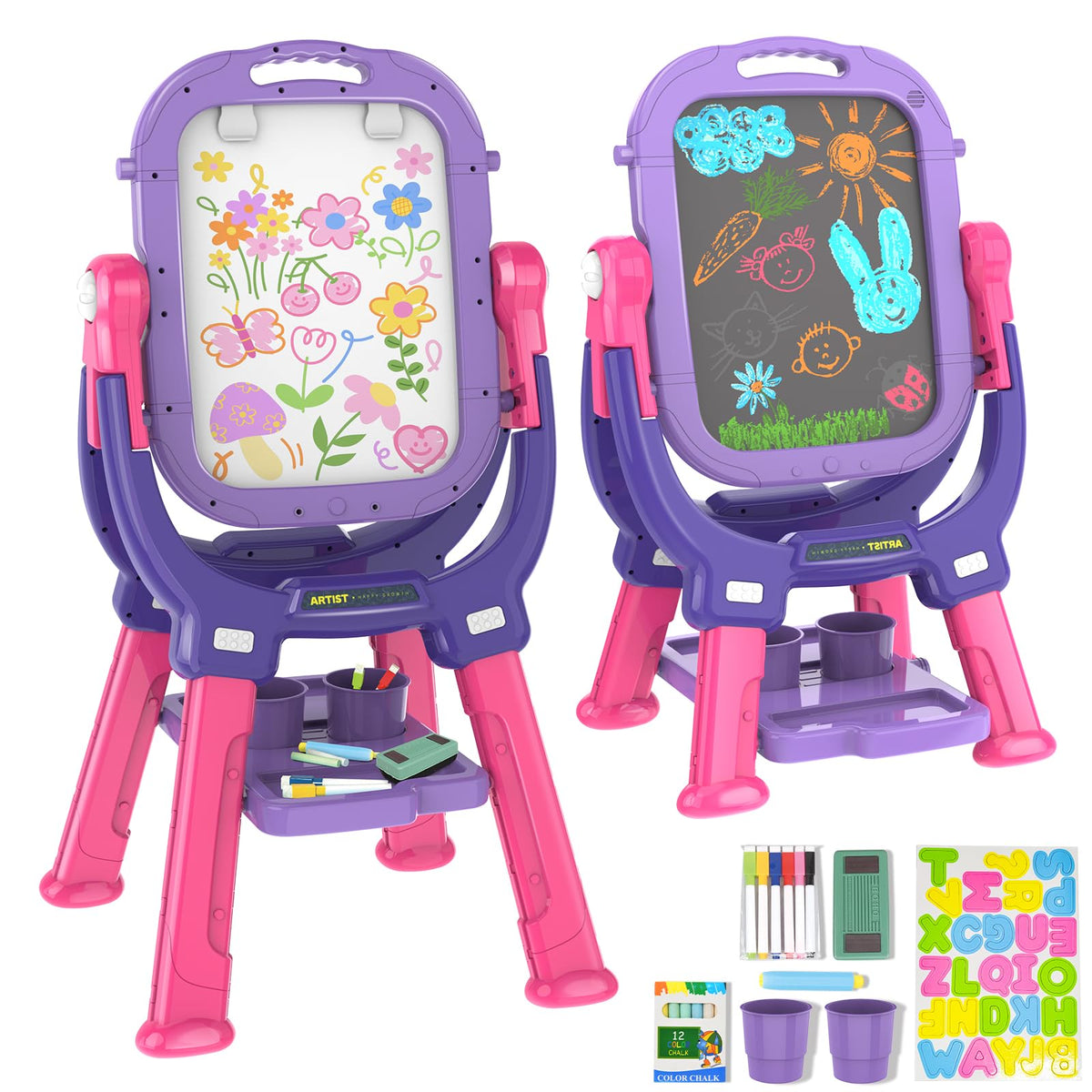 Ylovetoys easel front view in purple red for imaginative kid art sessions.