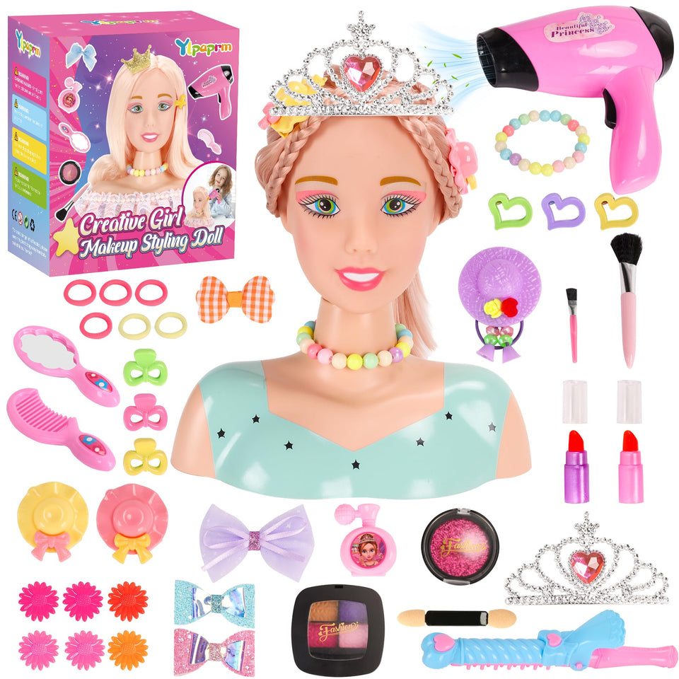 Ylpaprm deluxe hair styling doll head with crown for imaginative grooming play.