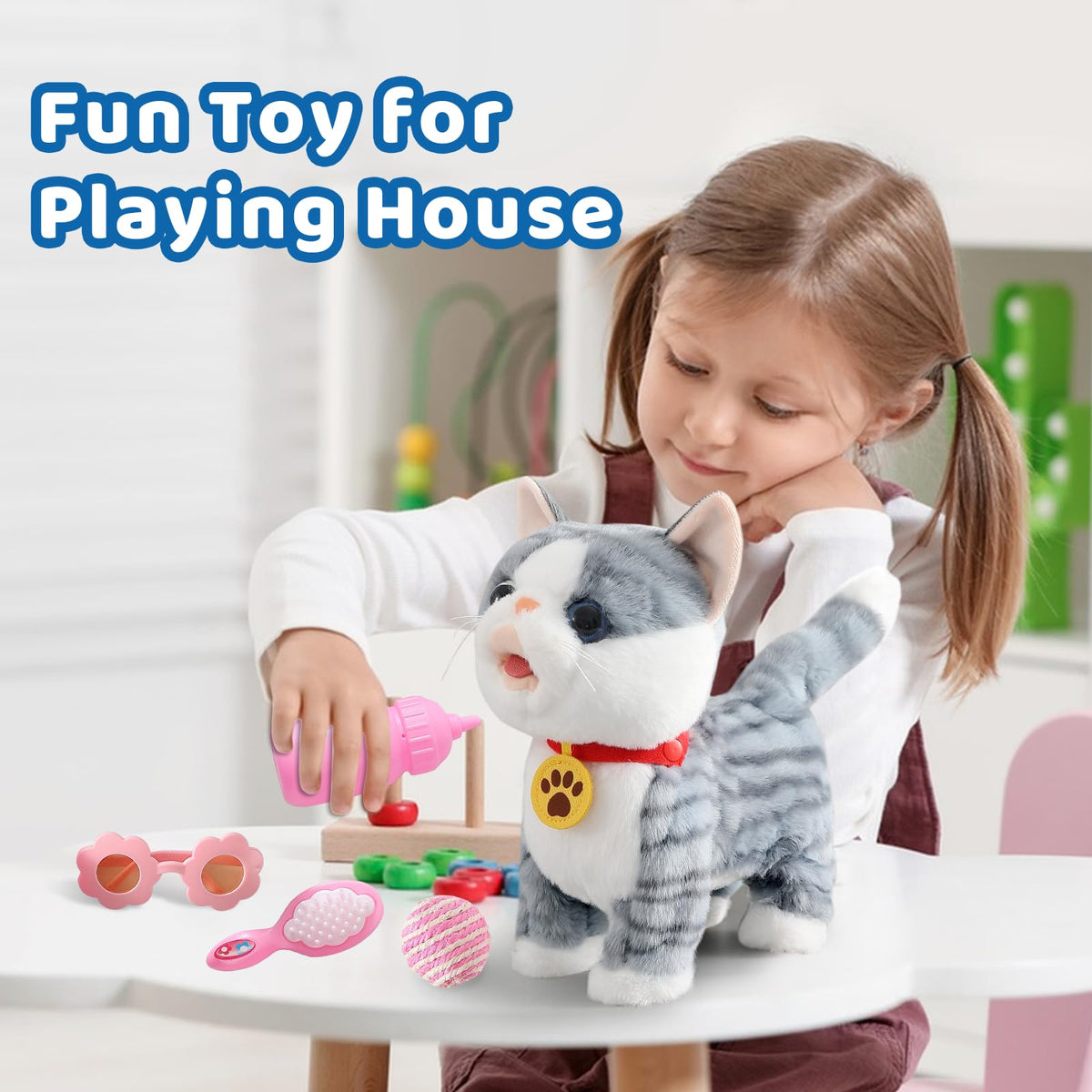 Ylpaprm gray walking cat toy realistic meow sounds.