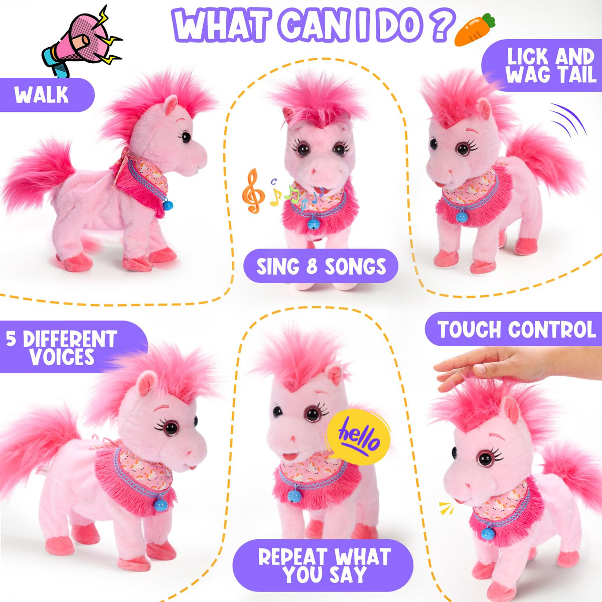 Ylpaprm interactive talking pony demonstrating voice mimic for lively conversations