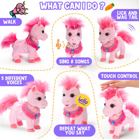 Ylpaprm interactive talking pony demonstrating voice mimic for lively conversations