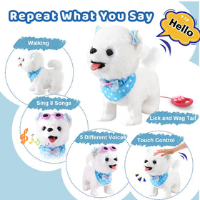 Ylpaprm walking dog with remote leash demonstrates repeating what you say for interactive learning.