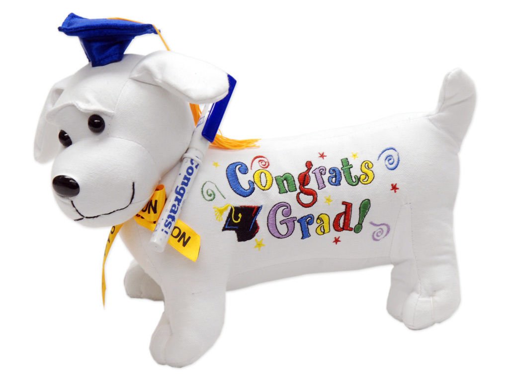 YMCtoys Graduation Autograph Dog in blue with pen, ideal keepsake for signing congratulations