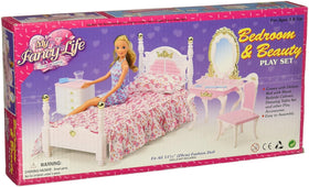 YMCtoys My Fancy Life dollhouse bed with white frame and gold accents for elegant, imaginative sleepovers.