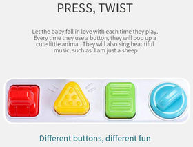 YMDLY Toys Animal Park four-button shapes promote exploration of push, turn, slide, and press.