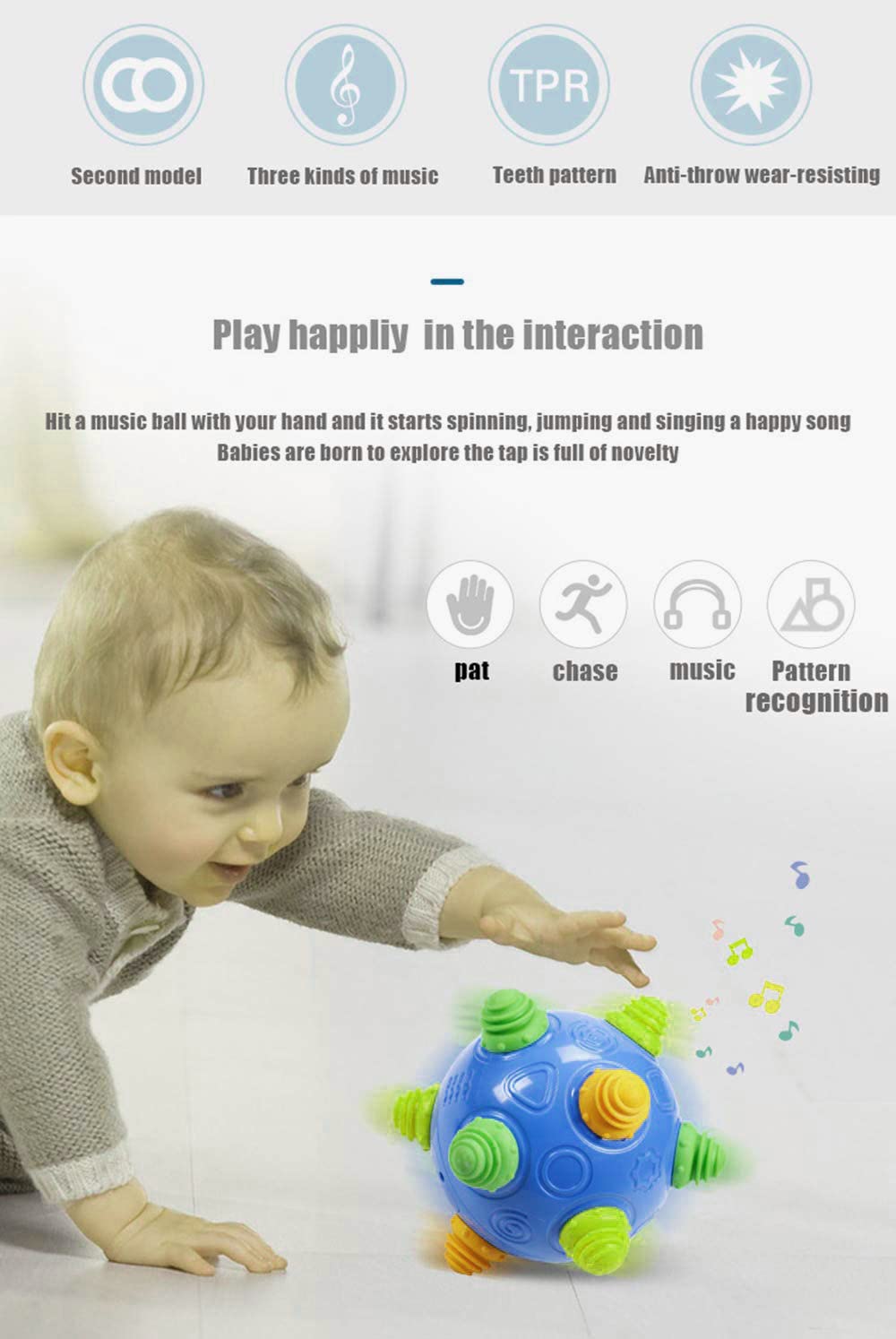 YMDLY Toys music dance ball side view invites baby to chase and explore.