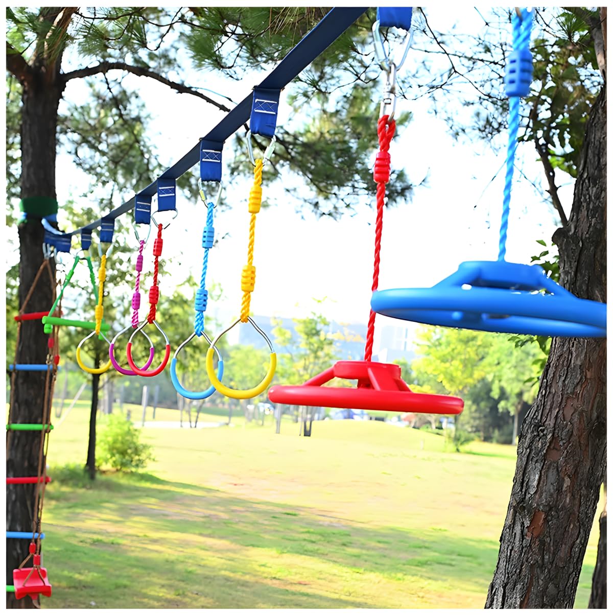 Ymeibe Ninja Rings paired with swings and ladders support diverse ninja courses.