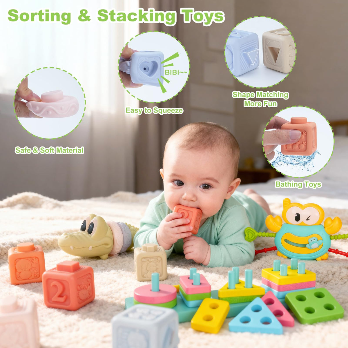 YMLGMAY 8-in-1 Montessori building rings for stacking and squeezing support grip development.
