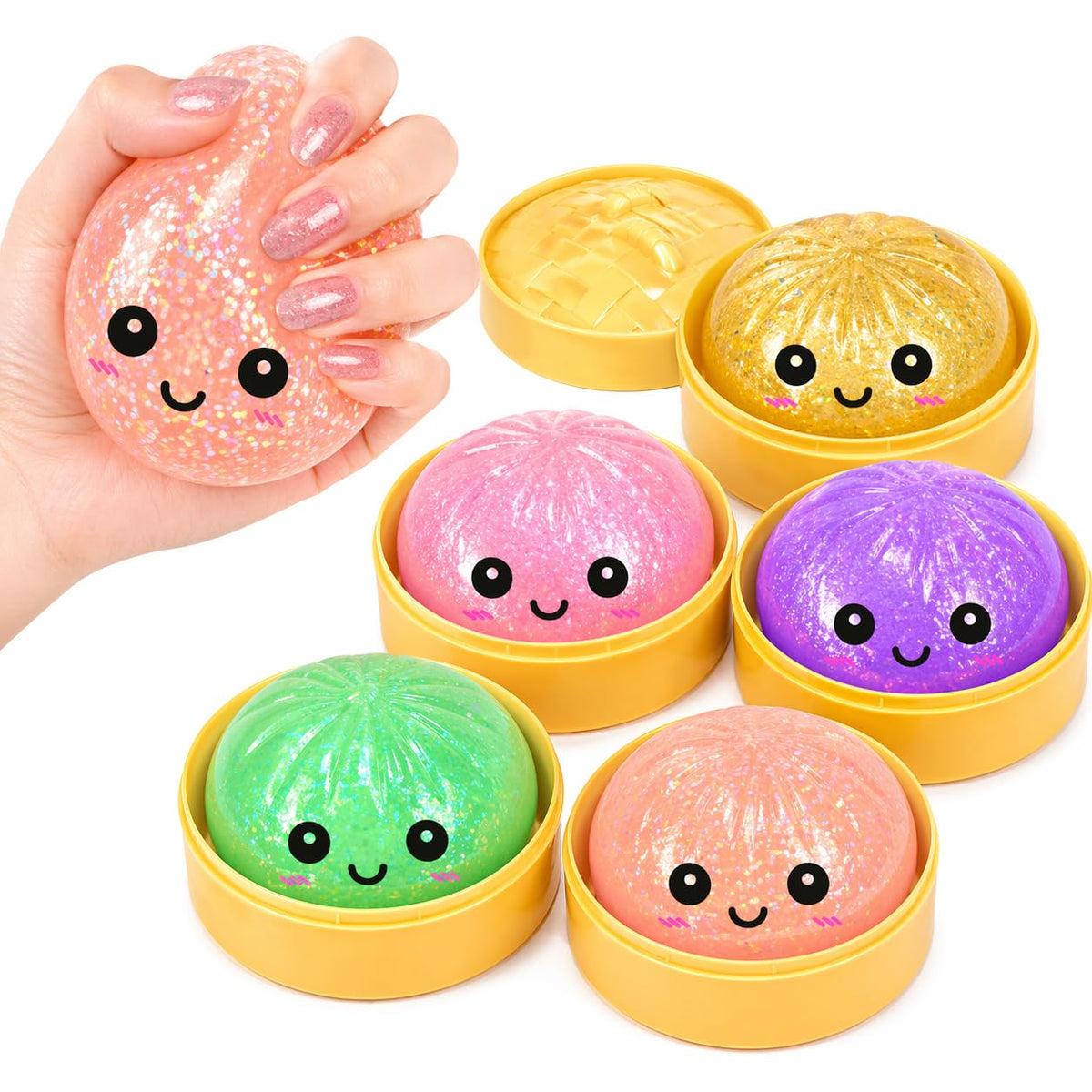 YMLTP Glitter Dumpling Squishy box front view with vibrant colors for unboxing excitement.