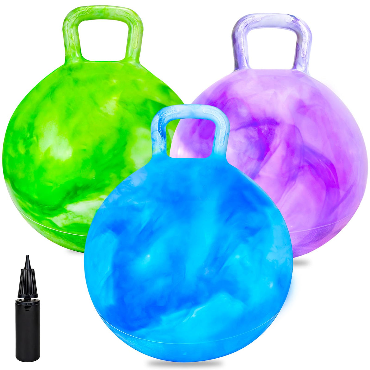 Ynanimery three-pack bouncy balls with handles for secure grip during play