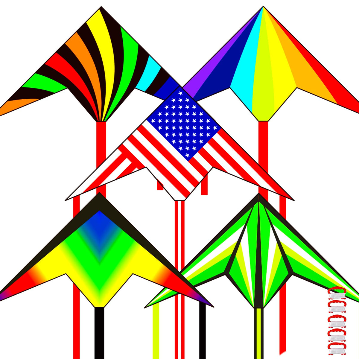 Ynanimery delta kites five-pack with colorful designs for family outdoor fun.