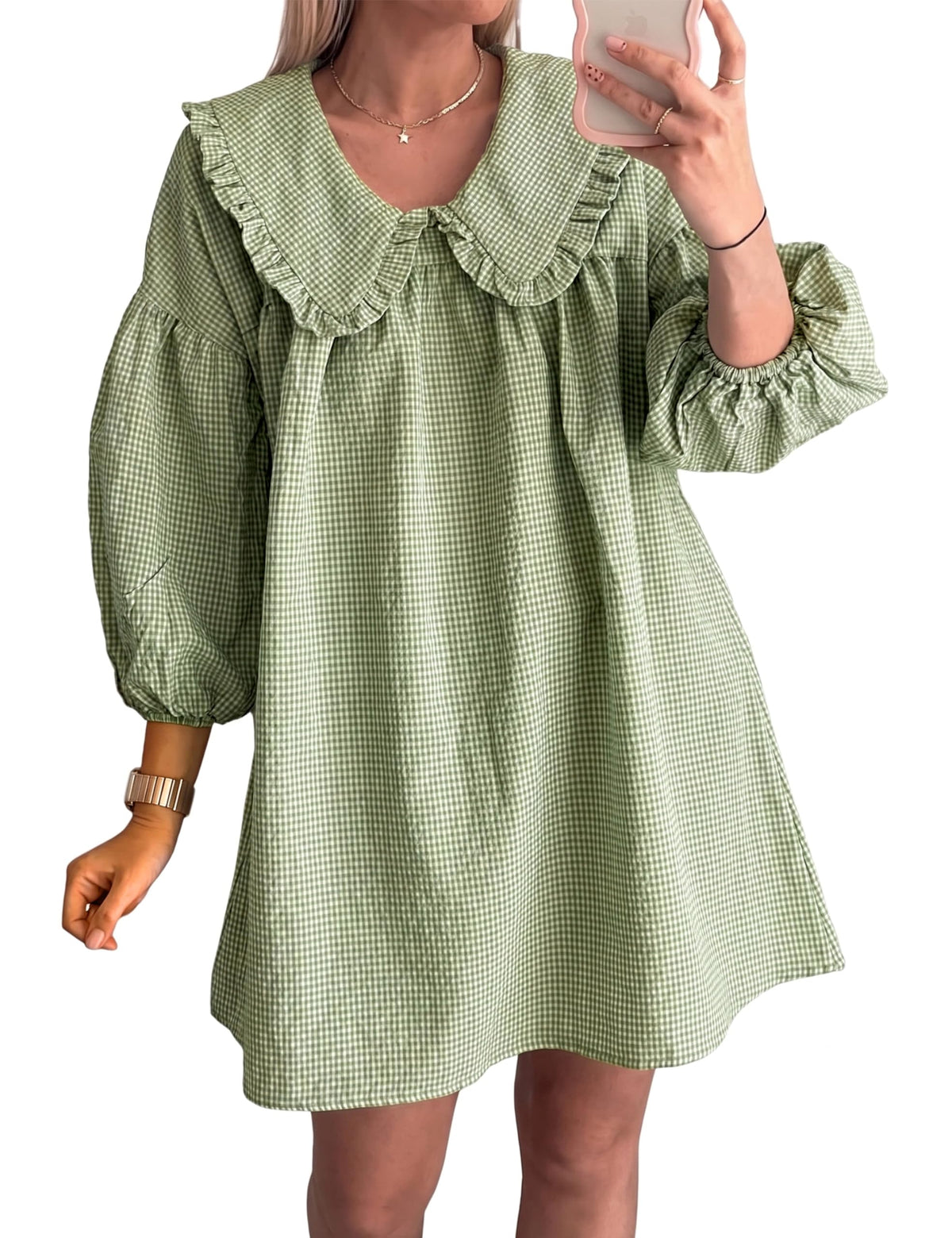 Ynhonra babydoll dress with green plaid and doll collar for casual chic