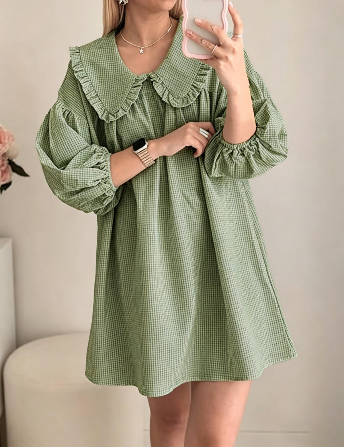 Ynhonra casual green plaid babydoll dress ideal for vacations and street style
