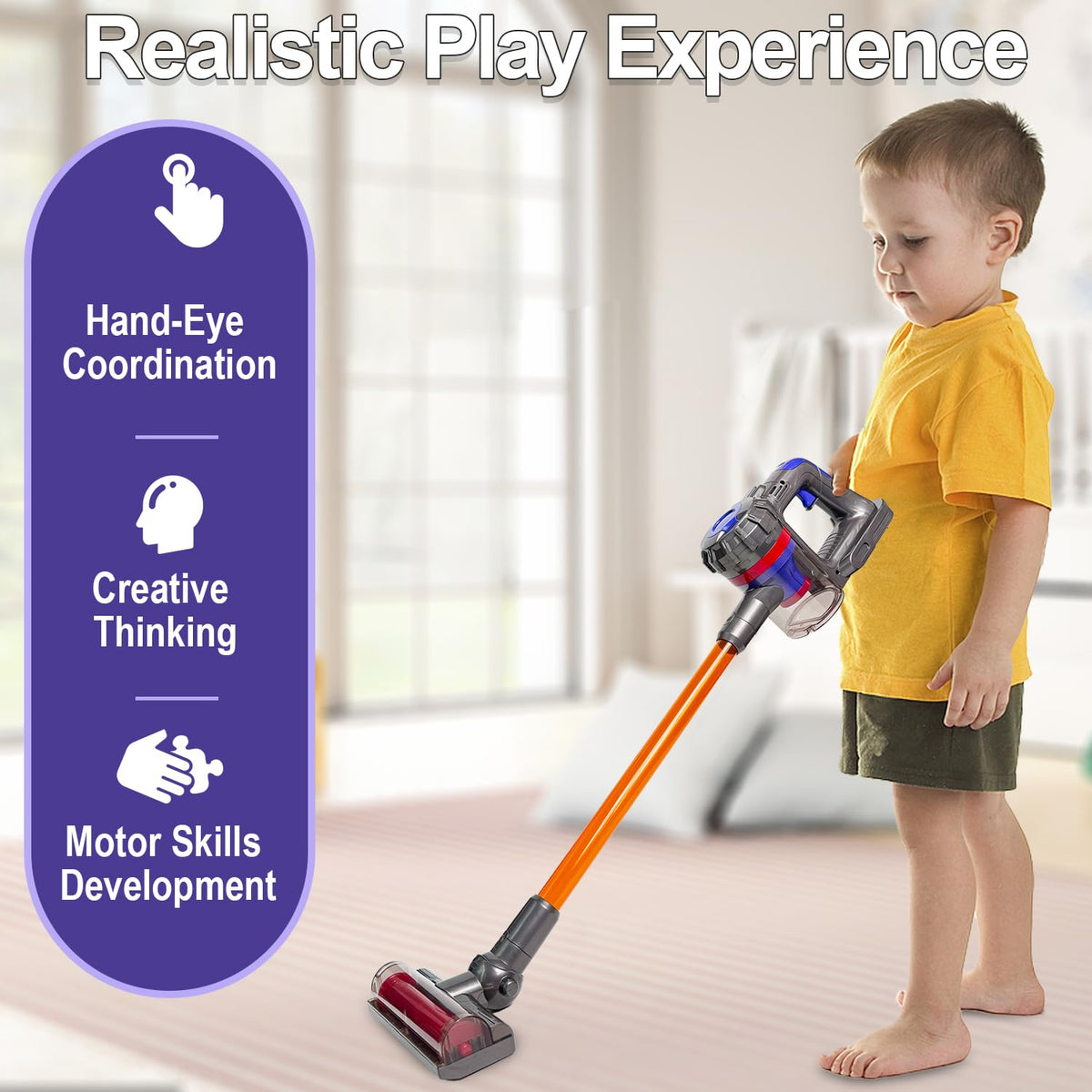 YoCool toddler vacuum stand showcases storage feature and easy organization after playtime.
