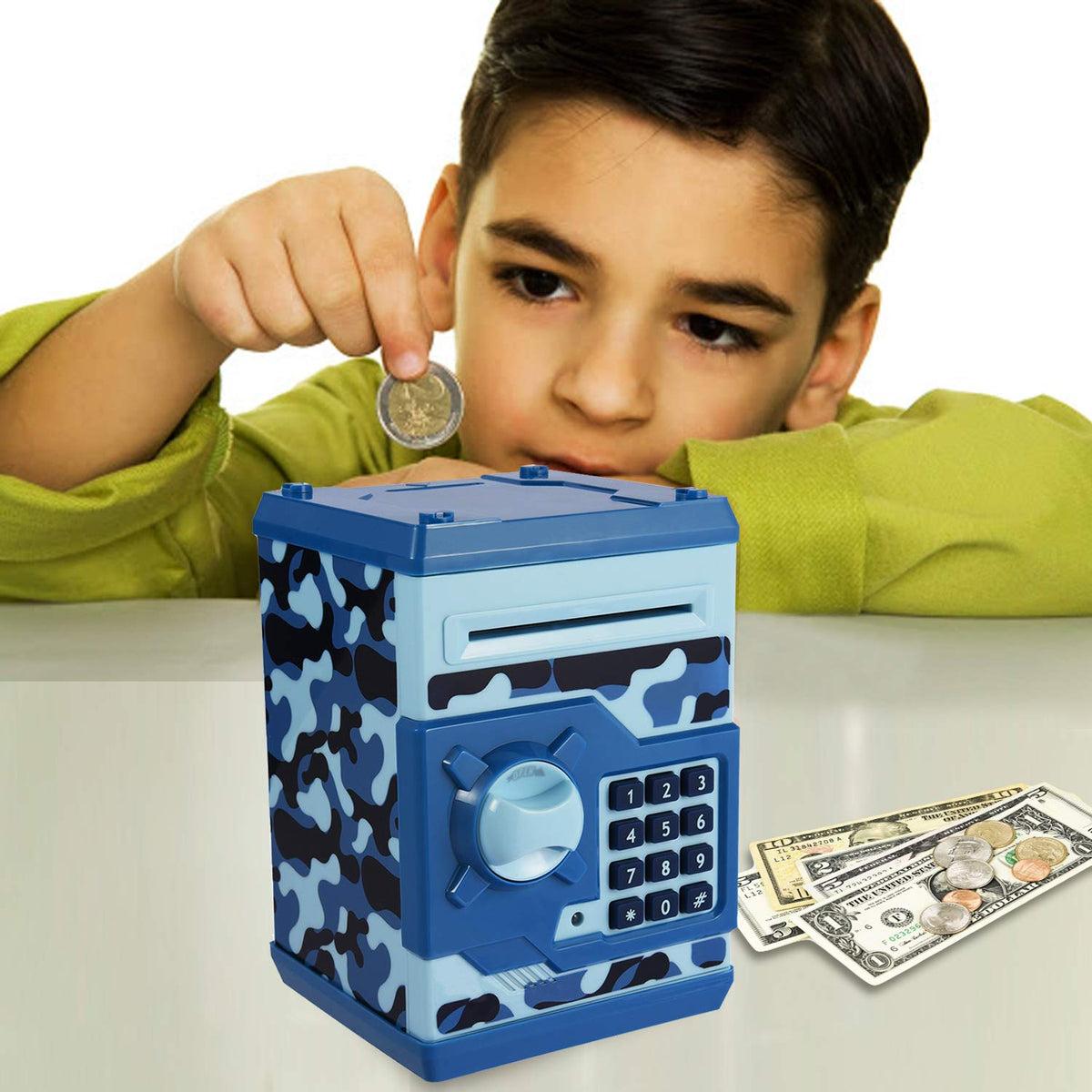 YOEGO Kids Money Bank auto-scroll demonstrates automatic money intake.