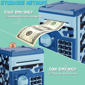 YOEGO Kids Money Bank back view demonstrates password lock for secure savings.