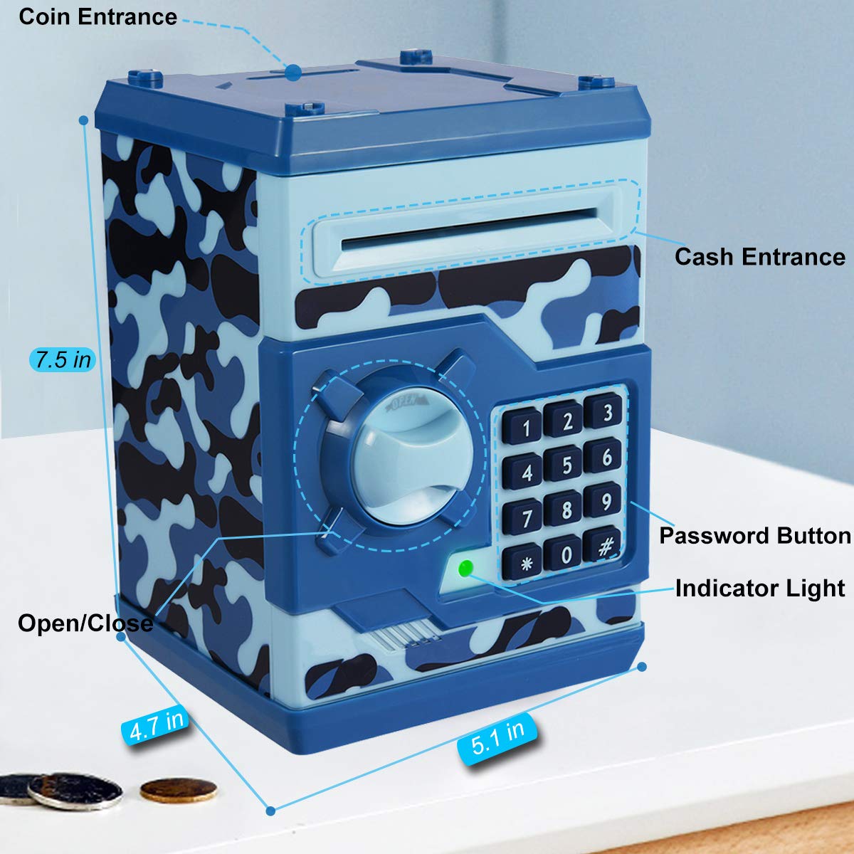 YOEGO Kids Money Bank coin slot highlights generous capacity for coins.