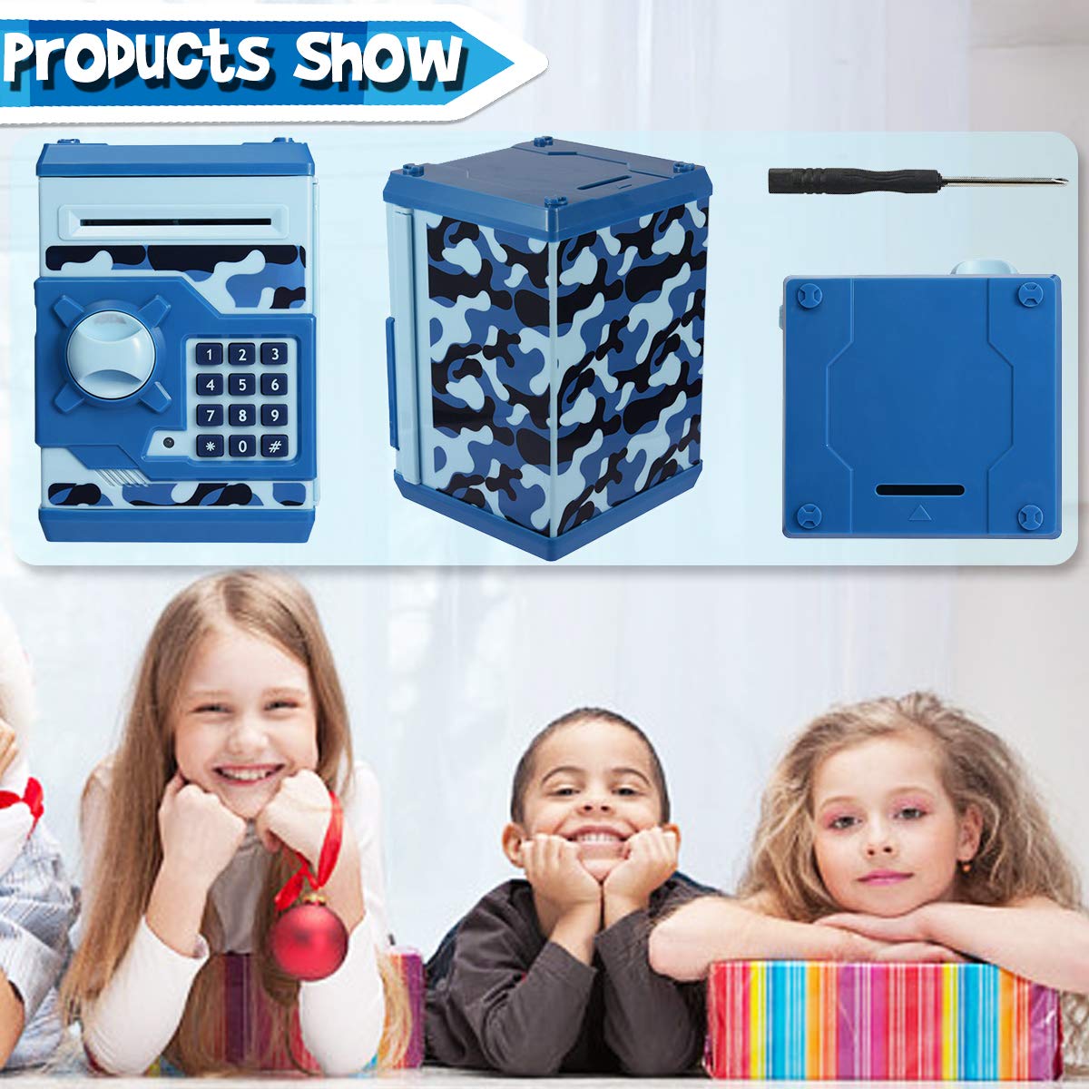 YOEGO Kids Money Bank password setup illustrates customizable four-digit security.