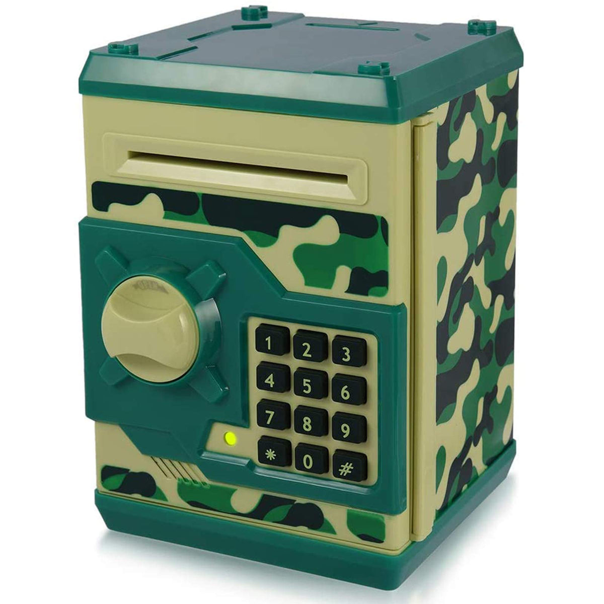 Yoego Kids Money Bank green camo front view shows sturdy ABS for safe savings.