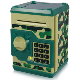 Yoego Kids Money Bank green camo front view shows sturdy ABS for safe savings.