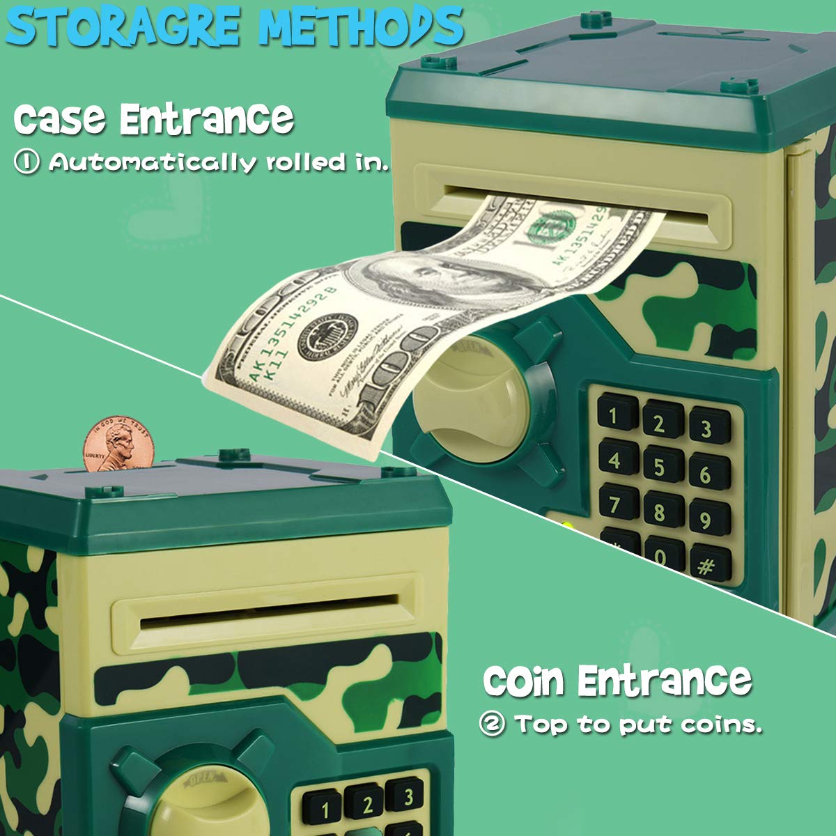 Yoego Kids Money Bank green camo rear view highlights durable, kid-friendly design.