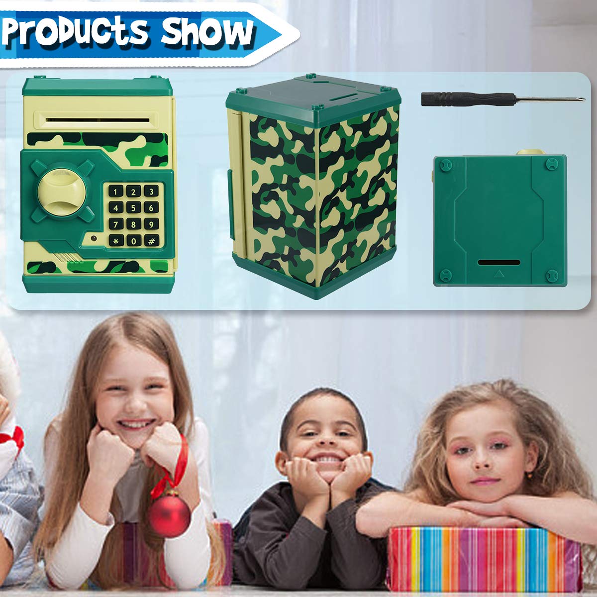 Yoego Kids Money Bank password dial with 0000 default for secure access.
