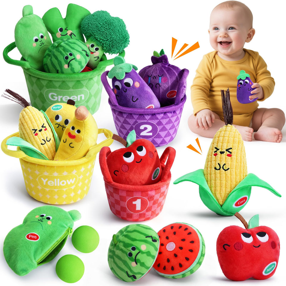 Yohome sensory fruits and vegetables set in a basket for color sorting play.
