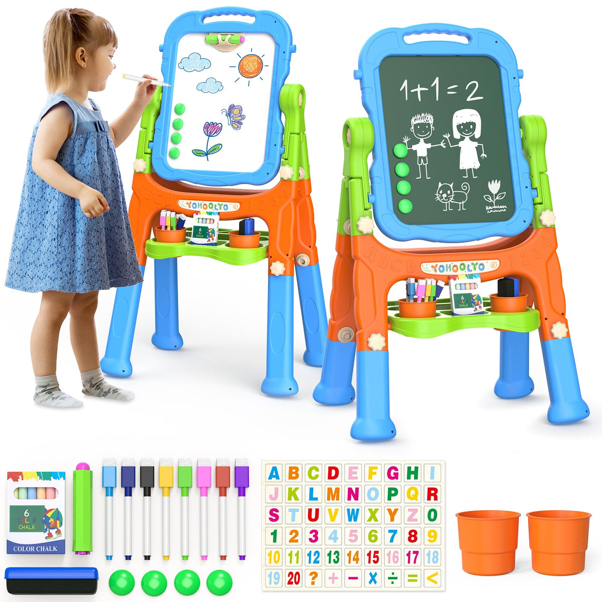 YOHOOLYO Kids Easel blue 360° rotation for dynamic art sessions.