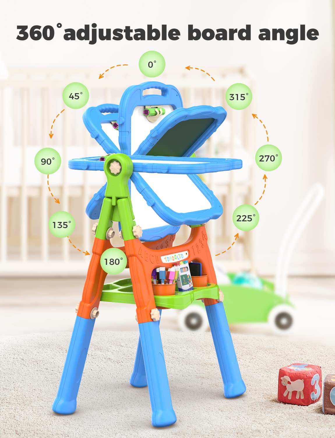 YOHOOLYO magnetic dry erase surface accepts magnets for interactive play.