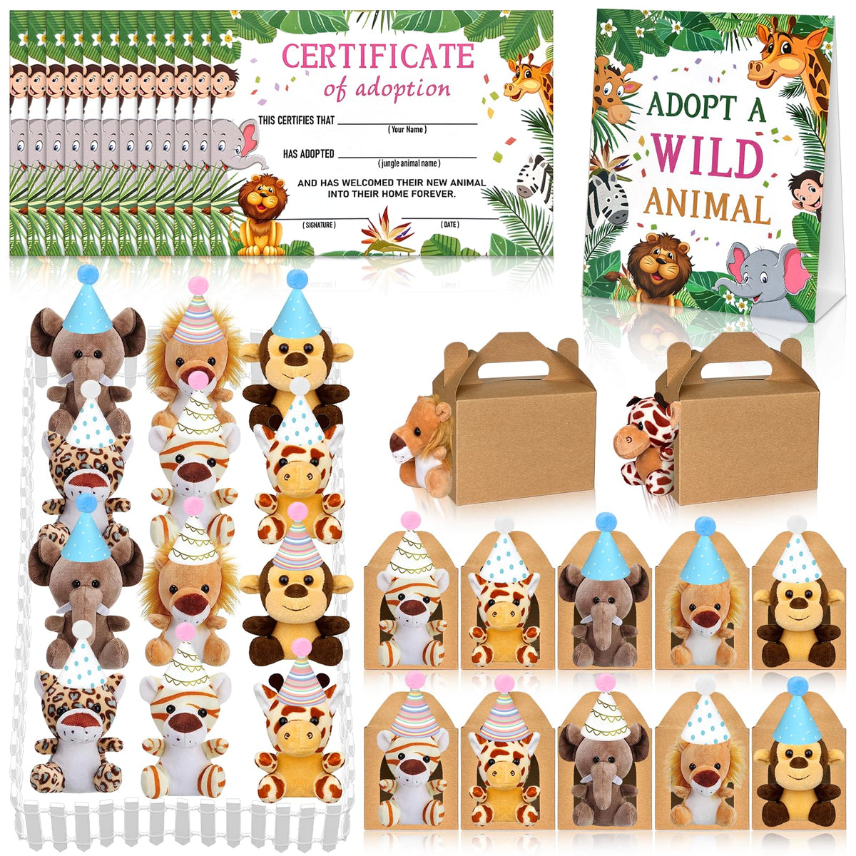 Yoloodayy safari plush animals for adoption display at jungle party.