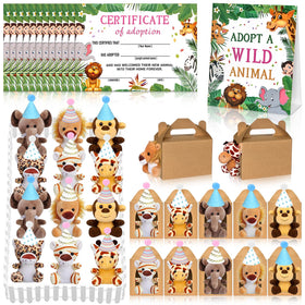 Yoloodayy safari plush animals for adoption display at jungle party.