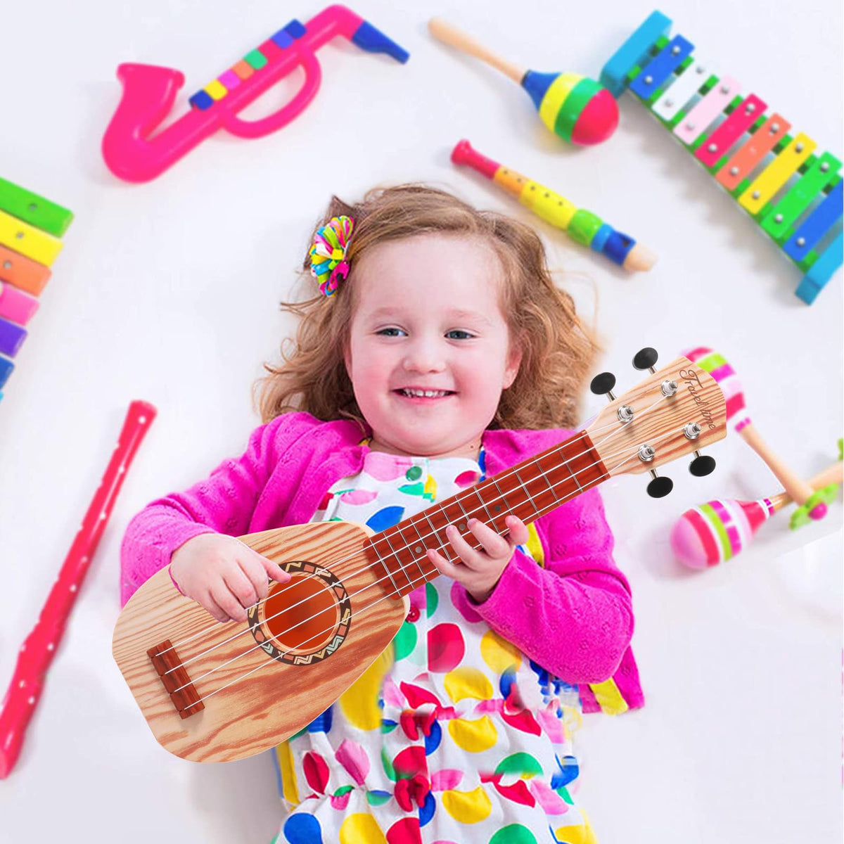 YOLOPARK 17-inch kids toy guitar nylon strings feel soft on small fingers.
