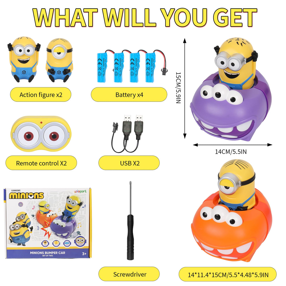 YOLOPARK Minions bumper car rechargeable battery powers longer sessions